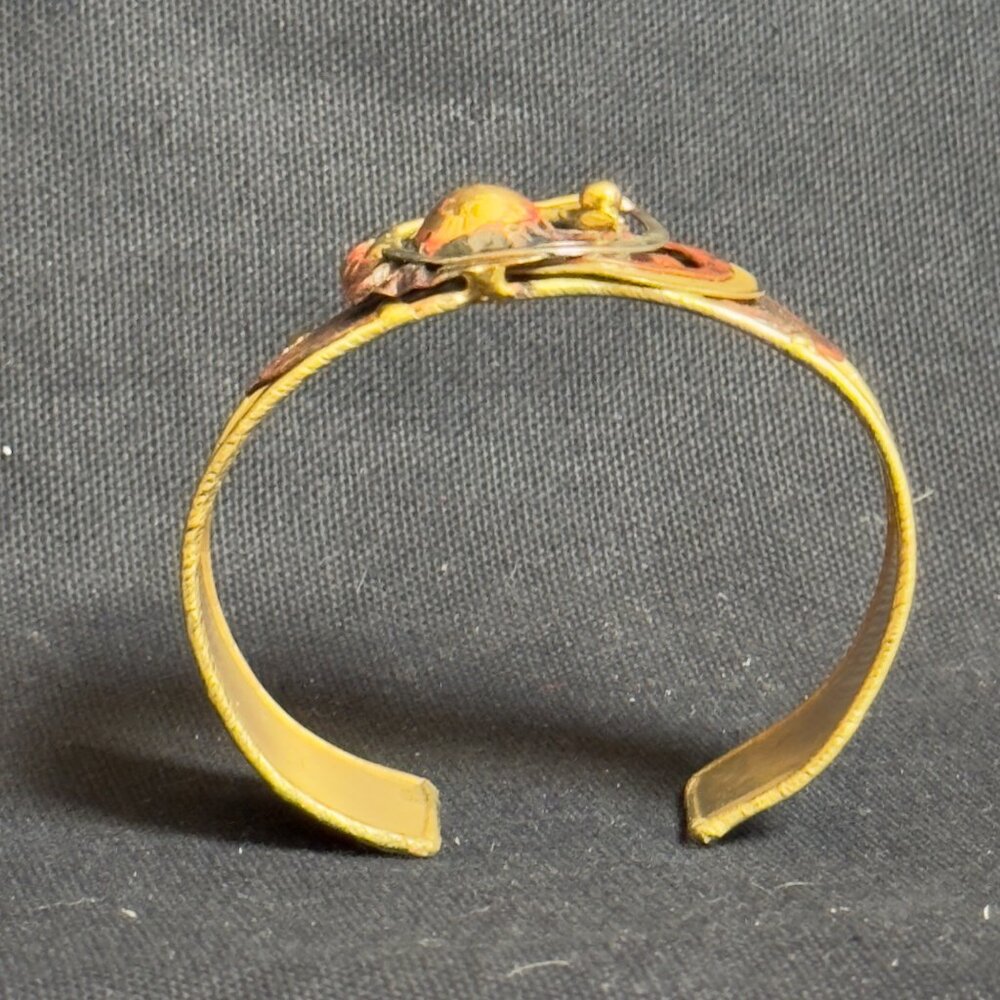 South African Hand-crafted Brass Cuff Bracelet Abstract Red Gold Metal Accents - Picture 4 of 13